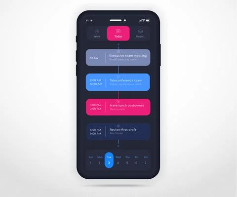 Mobile app calendar Appointment planner schedule agenda annual UI UX dark mode Stock Illustration