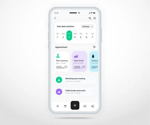 Mobile app calendar Appointment planner schedule agenda annual UI UX light mode Stock Illustration