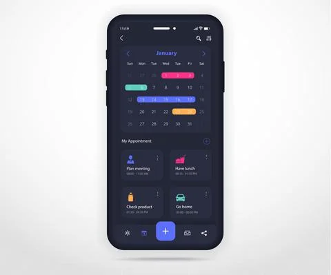 Mobile app calendar Appointment planner schedule agenda annual UI UX dark mode Stock Illustration