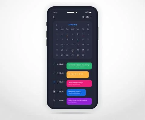 Mobile app calendar Appointment planner schedule agenda annual UI UX dark mode Stock Illustration
