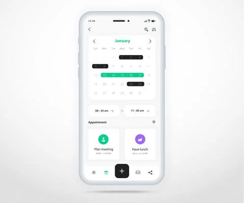 Mobile app calendar Appointment planner schedule agenda annual UI UX light mode Stock Illustration