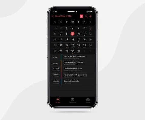 Mobile app calendar Appointment planner schedule agenda annual UI UX dark mode Stock Illustration