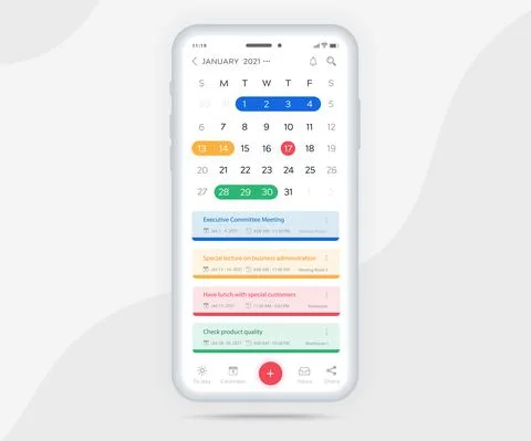 Mobile app calendar Appointment planner schedule agenda annual UI UX light mode Illustrazione stock