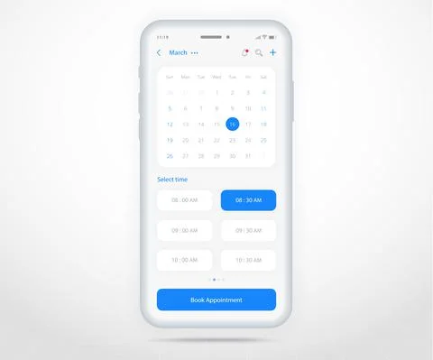 Mobile app calendar Appointment planner schedule agenda annual UI UX light mode Illustrazione stock