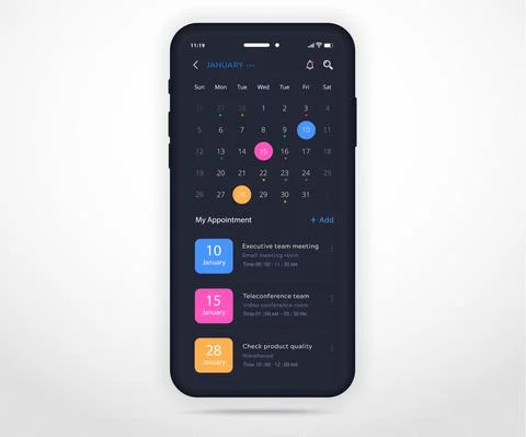 Mobile app calendar Appointment planner schedule agenda annual UI UX dark mode Stock Illustration