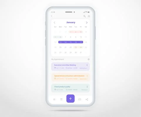 Mobile app calendar Appointment planner schedule agenda annual UI UX light mode Stock Illustration