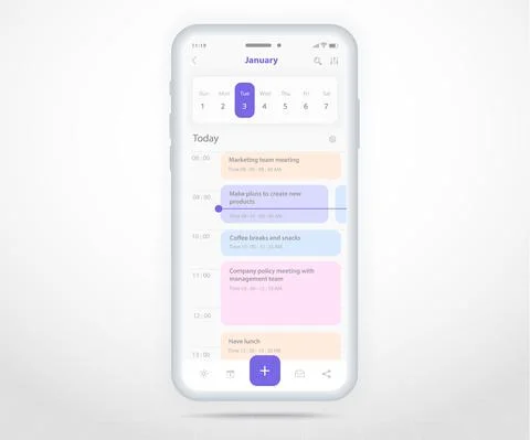 Mobile app calendar Appointment planner schedule agenda annual UI UX light mode Stock Illustration
