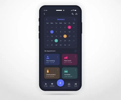 Mobile app calendar Appointment planner schedule agenda annual UI UX dark mode Stock Illustration
