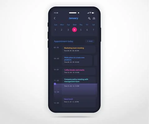 Mobile app calendar Appointment planner schedule agenda annual UI UX dark mode Stock Illustration