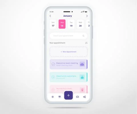 Mobile app calendar Appointment planner schedule agenda annual UI UX light mode Stock Illustration