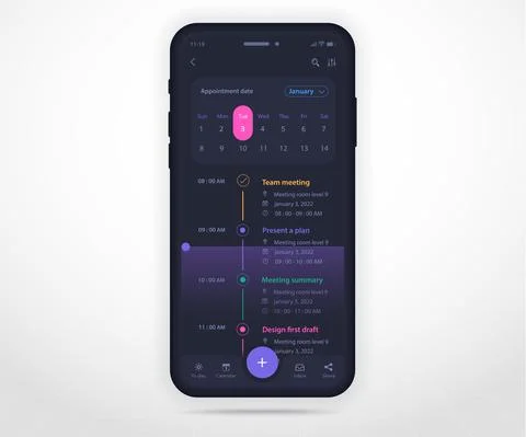 Mobile app calendar Appointment planner schedule agenda annual UI UX dark mode Illustrazione stock