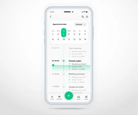 Mobile app calendar Appointment planner schedule agenda annual UI UX light mode Stock Illustration