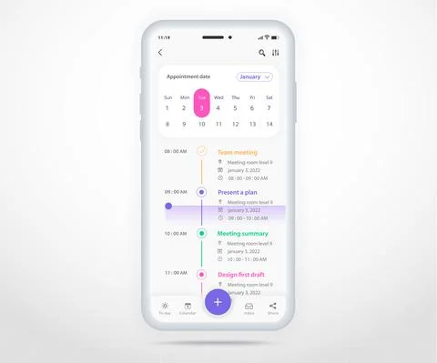 Mobile app calendar Appointment planner schedule agenda annual UI UX light mode Stock Illustration