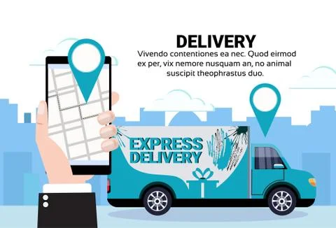 Mobile app cargo minivan geo tag delivery transport parcel packages navigation Stock Illustration