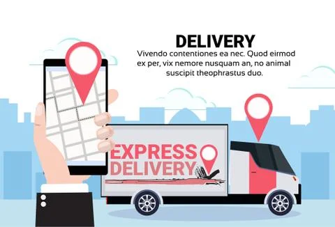 Mobile app cargo minivan geo tag delivery transport parcel packages navigation Stock Illustration