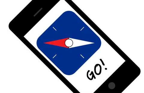 Mobile app with compass needle and word Go. Diagonally oriented Stock Illustration