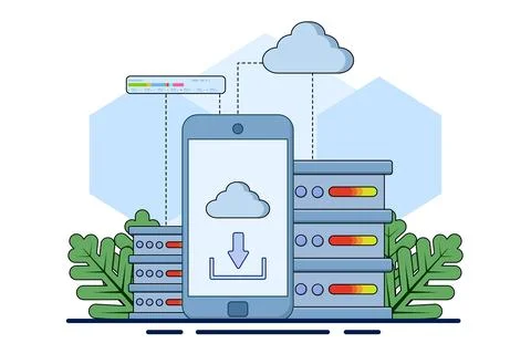 Mobile app concept of cloud storage, data backup. Stock Illustration