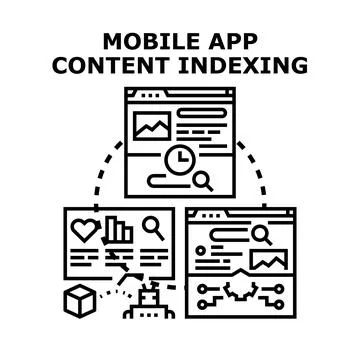 Mobile app content indexing vector concept illustration Illustrazione stock
