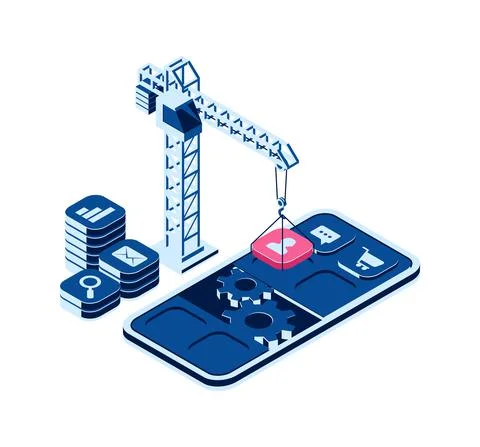 Mobile app creation concept, isometric icons Stockillustratie