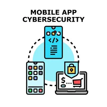 Mobile app cybersecurity protecting devices and data online 库存插图
