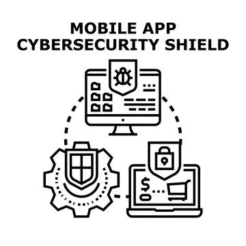 Mobile app cybersecurity shield protecting digital data Illustrazione stock