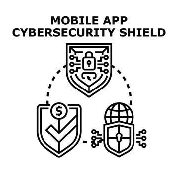 Mobile app cybersecurity shield protecting digital online data Illustrazione stock