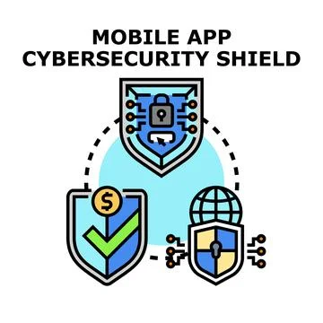 Mobile app cybersecurity shield protecting digital online data Stock Illustration