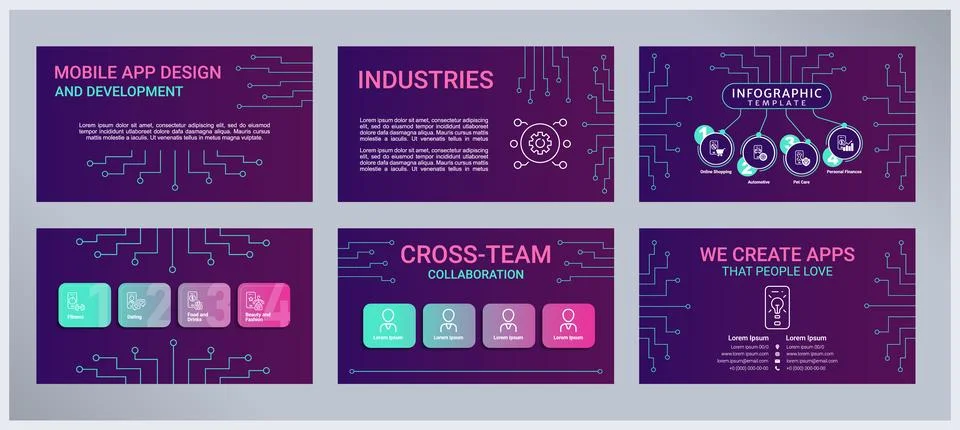 Mobile app design and development presentation templates set Illustrazione stock