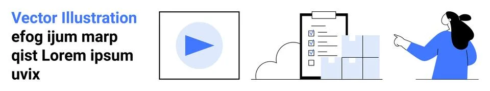 Mobile app design instructions with a blueprint layout, video tutorial play b Illustrazione stock