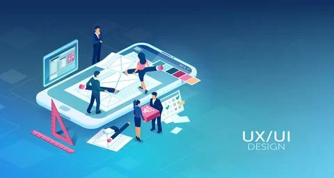 Mobile app design. Team of software engineers working on user interface for.. Illustrazione stock