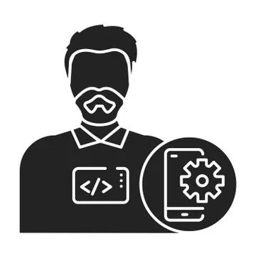 Mobile app developer black glyph icon. The software engineer is engaged in te Illustrazione stock