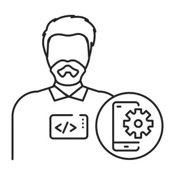 Mobile app developer black line icon. The software engineer is engaged in tes Stock Illustration