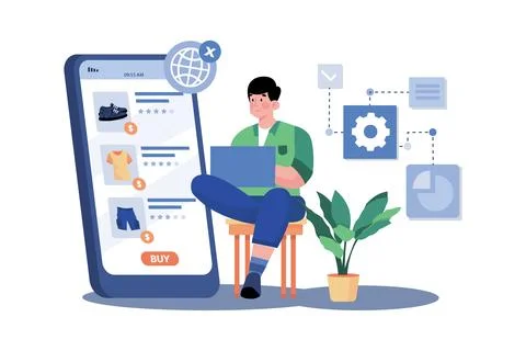 Mobile app developer optimizing app store listings for SEO. Illustrazione stock