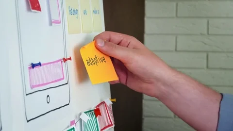 Mobile app developer planning new application layout on whiteboard Video stock 79684882