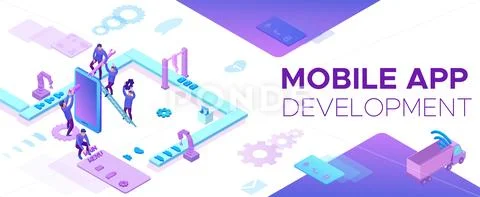 Mobile app development 3d isometric concept, software management vector Stock Illustration