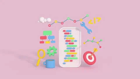 Mobile app development and SEO optimization 3D render animation Stock Footage 219855664