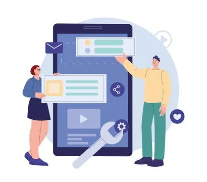 Mobile app development. Application software construction, web developers and Stockillustratie