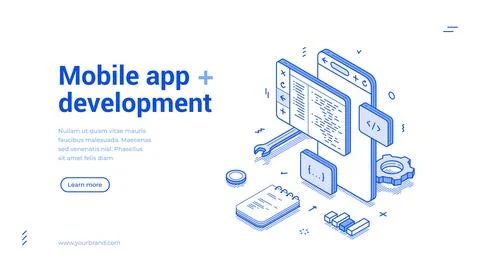 Mobile app development big data software engineering coding isometric web ban Stock Illustration