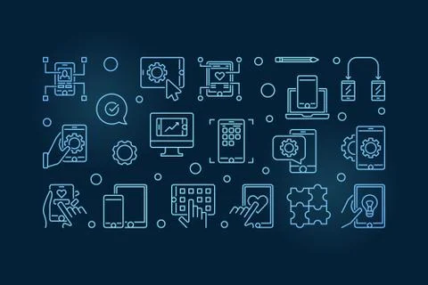 Mobile App Development blue banner. Vector outline illustration Stockillustratie