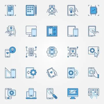 Mobile app development blue creative icons set. Vector signs Stockillustratie