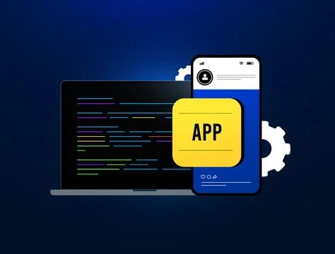 Mobile app development - coding processes, ui ux design elements and app testing Stock Illustration