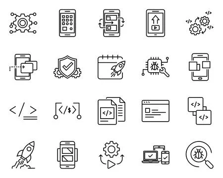 Mobile App Development Coding Technology Line Icon Set Illustration