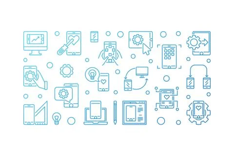 Mobile App Development concept blue vector line illustration Illustrazione stock
