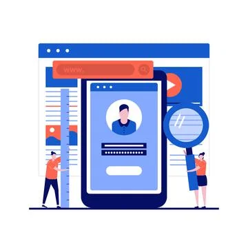 Mobile app development concept with character. Programmer building applicat.. Illustrazione stock