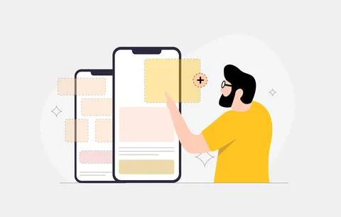 Mobile app development concept with man customizing interface via drag and drop Illustrazione stock