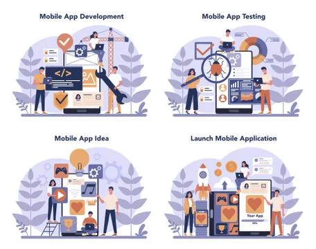 Mobile app development concept. Modern technology and smartphone Stock Illustration