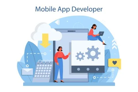 Mobile app development concept. Modern technology and smartphone 스톡 일러스트