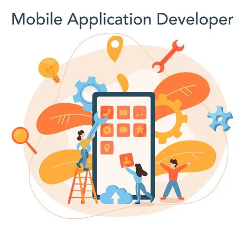 Mobile app development concept. Modern technology and smartphone interface 스톡 일러스트
