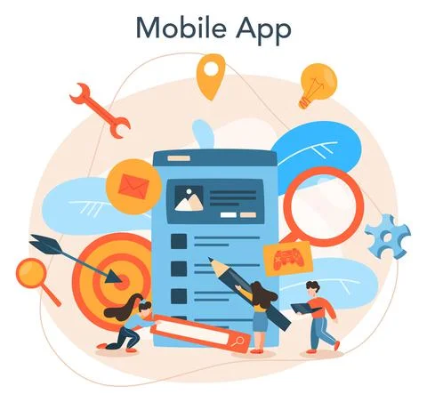 Mobile app development concept. Modern technology and smartphone interface 스톡 일러스트