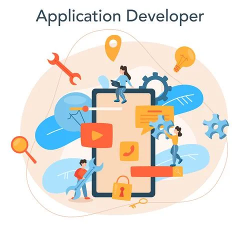 Mobile app development concept. Modern technology and smartphone interface 스톡 일러스트